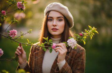 Młoda kobieta w berecie na tle wiosennych kwiatów i zieleni w naturalnym świetle outdoors