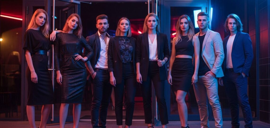 Grupa młodych osób w modnych strojach stoi przed klubem nocnym przy kolorowych neonach.