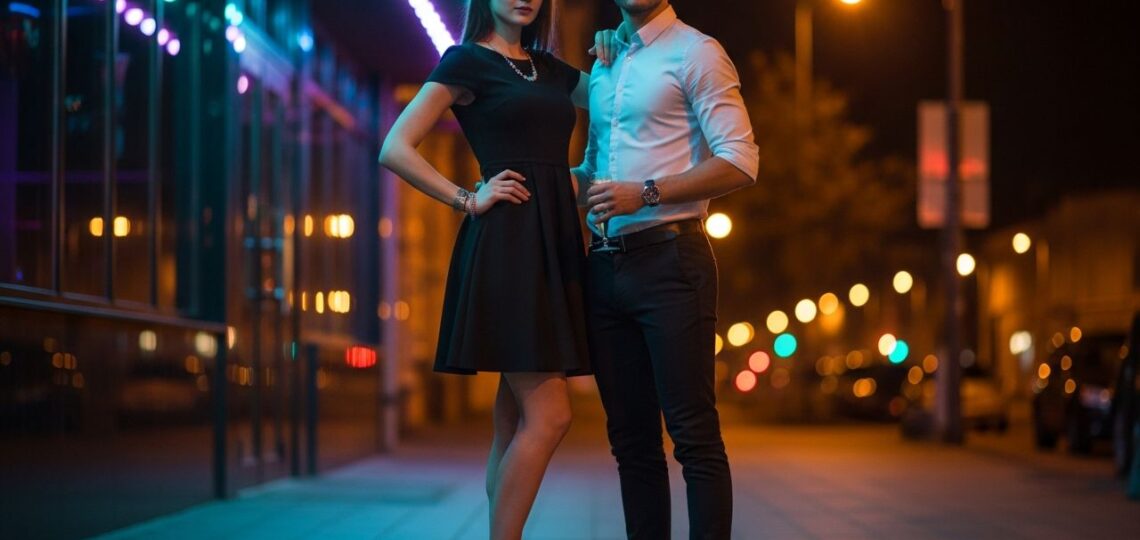 Stylowa para stoi pewnie przed nowoczesnym klubem nocnym w miejskiej scenerii z kolorowymi światłami.
