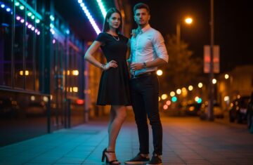 Stylowa para stoi pewnie przed nowoczesnym klubem nocnym w miejskiej scenerii z kolorowymi światłami.