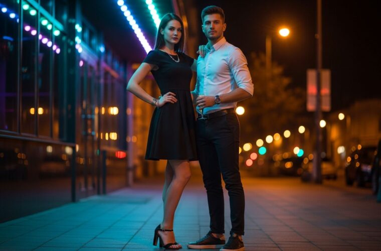 Stylowa para stoi pewnie przed nowoczesnym klubem nocnym w miejskiej scenerii z kolorowymi światłami.