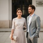 Para podczas cywilnej ceremonii ślubnej przed urzędem w lekkich ubraniach w naturalnym świetle