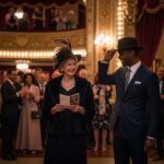 Elegancka para wchodzi do zabytkowego teatru wieczorem, kobieta trzyma program, tłum czeka na przedstawienie