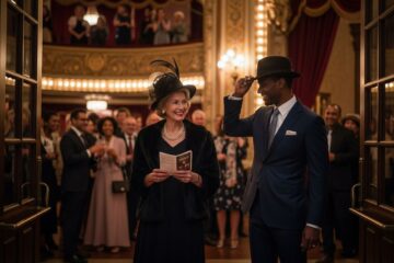 Elegancka para wchodzi do zabytkowego teatru wieczorem, kobieta trzyma program, tłum czeka na przedstawienie