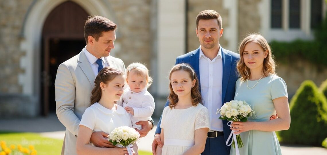 Rodzina w eleganckich strojach uczestniczy w komunii przed kościołem wiosną, naturalne światło, radość