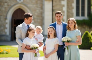 Rodzina w eleganckich strojach uczestniczy w komunii przed kościołem wiosną, naturalne światło, radość