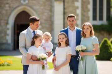 Rodzina w eleganckich strojach uczestniczy w komunii przed kościołem wiosną, naturalne światło, radość
