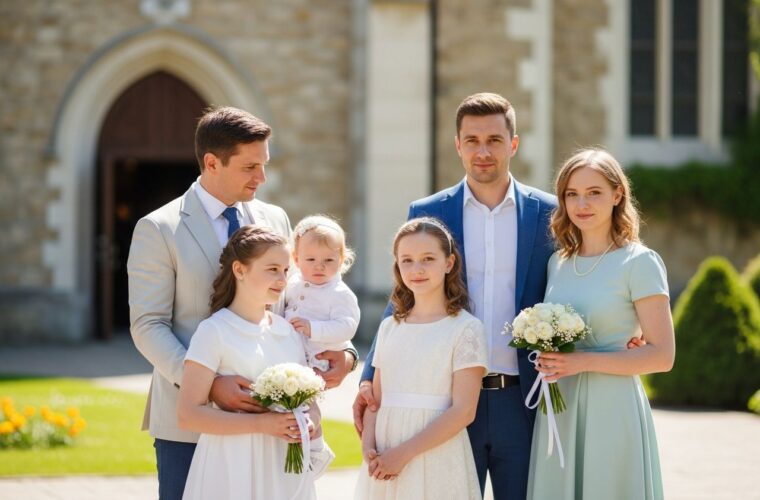 Rodzina w eleganckich strojach uczestniczy w komunii przed kościołem wiosną, naturalne światło, radość