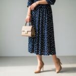 Kobieta w granatowej sukience w białe kropki z perłowymi kolczykami i beżową torebką na jasnym tle.