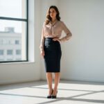 Kobieta w ołówkowej spódnicy i eleganckiej bluzce stoi pewnie w jasnym, nowoczesnym studio.