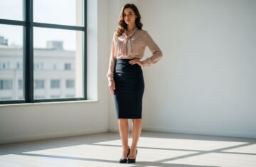 Kobieta w ołówkowej spódnicy i eleganckiej bluzce stoi pewnie w jasnym, nowoczesnym studio.