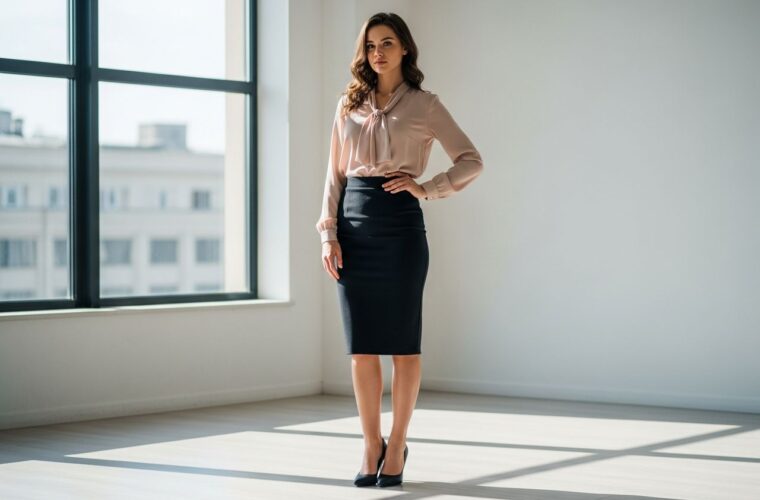 Kobieta w ołówkowej spódnicy i eleganckiej bluzce stoi pewnie w jasnym, nowoczesnym studio.