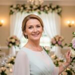 Kobieta w pastelowej sukience na tle dekoracji sali weselnej, szczęśliwa, naturalne światło