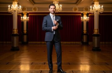 Mężczyzna w garniturze stoi w eleganckim lobby teatru, poprawiając spinki mankietowe.