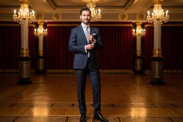 Mężczyzna w garniturze stoi w eleganckim lobby teatru, poprawiając spinki mankietowe.