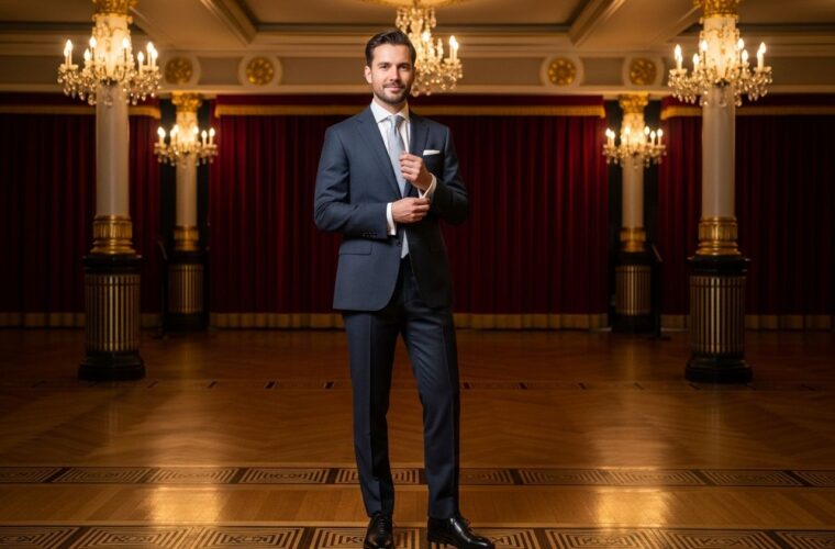 Mężczyzna w garniturze stoi w eleganckim lobby teatru, poprawiając spinki mankietowe.