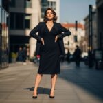 Kobieta w czarnej sukience i marynarce stoi pewnie w miejskim otoczeniu przy naturalnym świetle