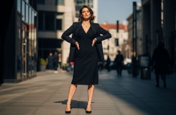 Kobieta w czarnej sukience i marynarce stoi pewnie w miejskim otoczeniu przy naturalnym świetle