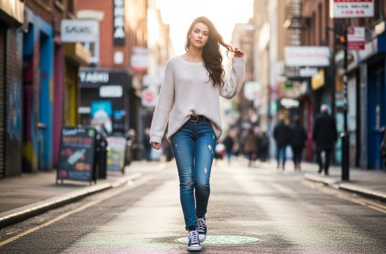 Młoda kobieta w jeansach i sneakersach pewnie spaceruje ulicą w miejskim otoczeniu przy naturalnym świetle