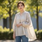 Młoda kobieta na tle zieleni w luźnej bluzce i jeansach, naturalne światło, swobodny styl, rozmyte tło.