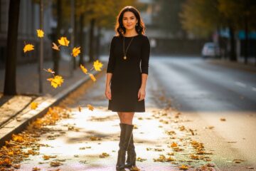 Młoda kobieta w czarnej sukience i wysokich butach stoi na ulicy w jesienne liście