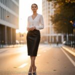 Kobieta w czarnej skórzanej spódnicy i białej bluzce stoi na miejskiej ulicy podczas złotej godziny.