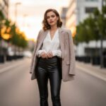 Młoda kobieta w czarnych skórzanych legginsach, beżowej marynarce i białej bluzce na tle miasta.