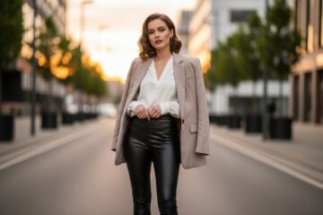 Młoda kobieta w czarnych skórzanych legginsach, beżowej marynarce i białej bluzce na tle miasta.
