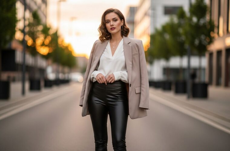 Młoda kobieta w czarnych skórzanych legginsach, beżowej marynarce i białej bluzce na tle miasta.