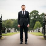 Mężczyzna w czarnym garniturze stoi przy wejściu na cmentarz podczas pogrzebu na zewnątrz.