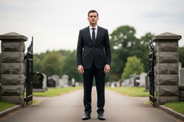 Mężczyzna w czarnym garniturze stoi przy wejściu na cmentarz podczas pogrzebu na zewnątrz.