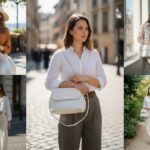 Kobieta w eleganckim casual stroju trzyma białą skórzaną torebkę w jasnym naturalnym świetle