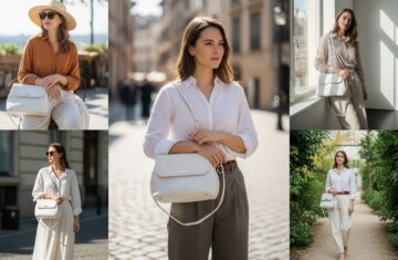 Kobieta w eleganckim casual stroju trzyma białą skórzaną torebkę w jasnym naturalnym świetle