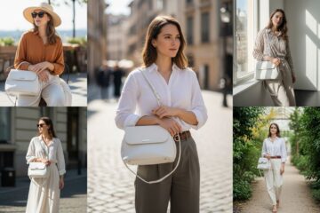 Kobieta w eleganckim casual stroju trzyma białą skórzaną torebkę w jasnym naturalnym świetle