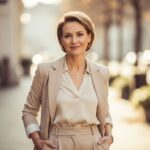 Kobieta w średnim wieku w beżowej marynarce stoi na tle miejskiego krajobrazu, uśmiechnięta i pewna siebie