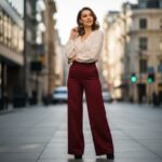 Elegancka kobieta w bordowych spodniach i kremowej bluzce na tle miejskiej ulicy w naturalnym świetle
