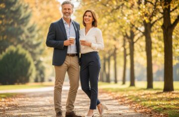 Stylowa para w smart casual pije kawę w parku jesienią, uśmiechnięci, w naturalnym świetle.