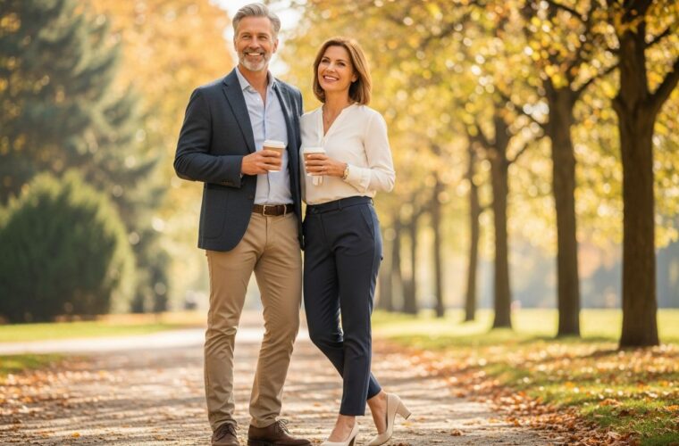 Stylowa para w smart casual pije kawę w parku jesienią, uśmiechnięci, w naturalnym świetle.