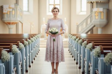 Elegancka matka chrzestna w pastelowej sukience z bukietem białych kwiatów w jasnym wnętrzu kościoła