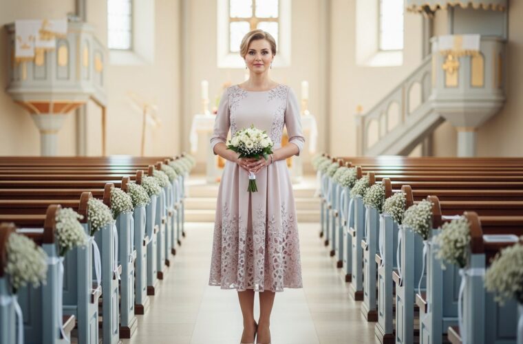 Elegancka matka chrzestna w pastelowej sukience z bukietem białych kwiatów w jasnym wnętrzu kościoła
