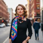 Stylowa młoda kobieta w czarnej sukience, z biżuterią i kolorową apaszką, na tle miejskim, pełen portret.