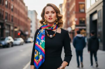 Stylowa młoda kobieta w czarnej sukience, z biżuterią i kolorową apaszką, na tle miejskim, pełen portret.