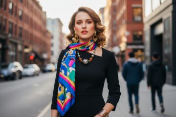 Stylowa młoda kobieta w czarnej sukience, z biżuterią i kolorową apaszką, na tle miejskim, pełen portret.