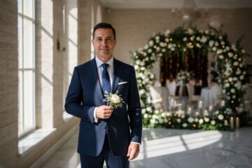 Mężczyzna w granatowym garniturze z kwiatem, stojący w eleganckim korytarzu ślubnym w naturalnym świetle