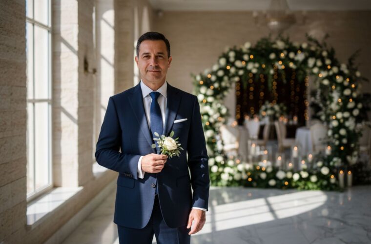 Mężczyzna w granatowym garniturze z kwiatem, stojący w eleganckim korytarzu ślubnym w naturalnym świetle