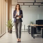 Młoda kobieta w biurze w smart casual, trzyma notes i długopis, stoi pewnie przy jasnym świetle.