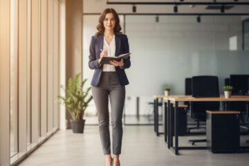 Młoda kobieta w biurze w smart casual, trzyma notes i długopis, stoi pewnie przy jasnym świetle.
