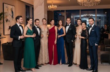 Grupa elegancko ubranych osób na wieczornej imprezie w nowoczesnym, luksusowym wnętrzu.