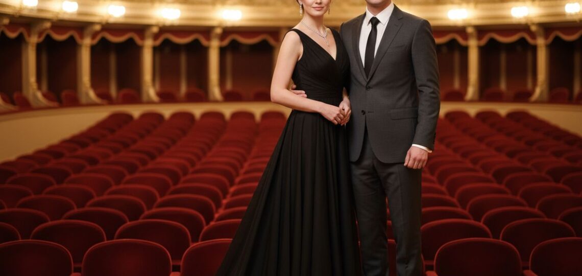 Para elegancko ubrana na koncert symfoniczny stoi w sali koncertowej z rzędami foteli i oświetleniem