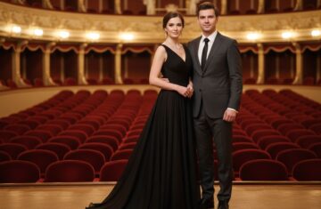 Para elegancko ubrana na koncert symfoniczny stoi w sali koncertowej z rzędami foteli i oświetleniem